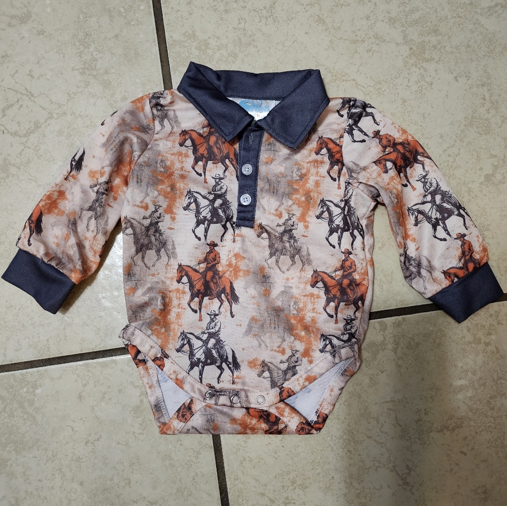 Baby Boy Horse Print Button Down Long Sleeve Onsie Brand New!